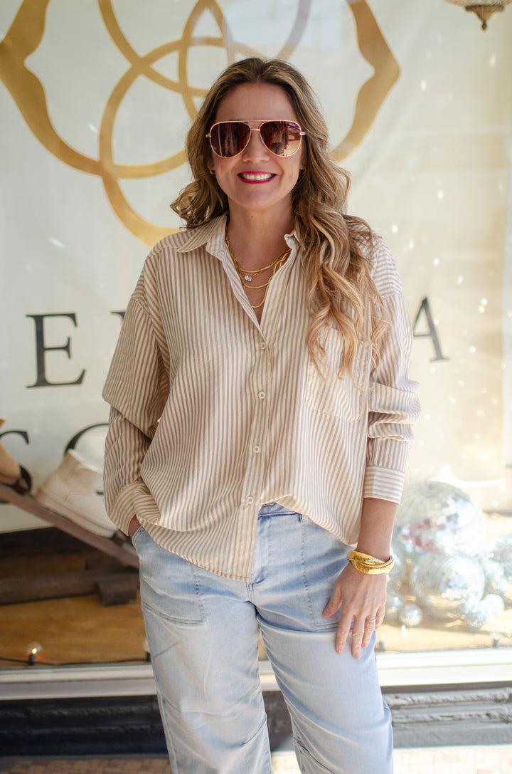 See Trough You Stripe Sheer Button Down Collared Top in Taupe