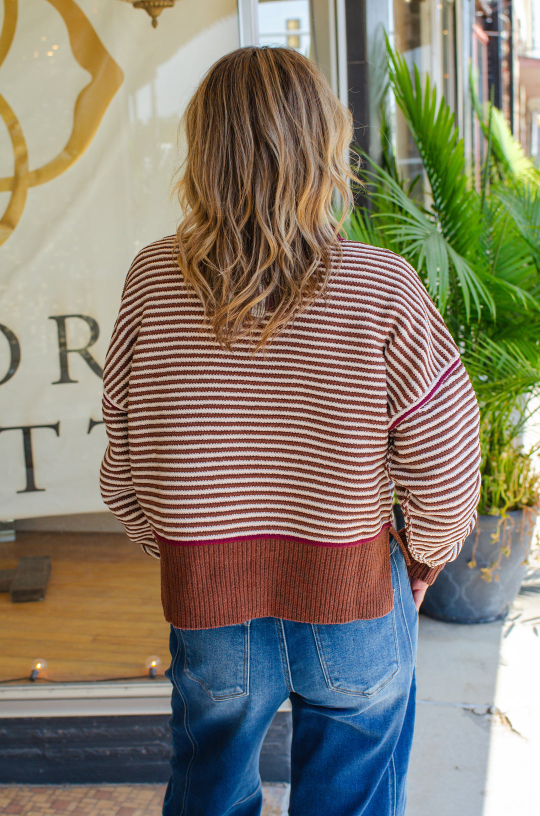 Get Cozy Soft Ribbed Knit Round Neck Color Block Sweater in Chocolate