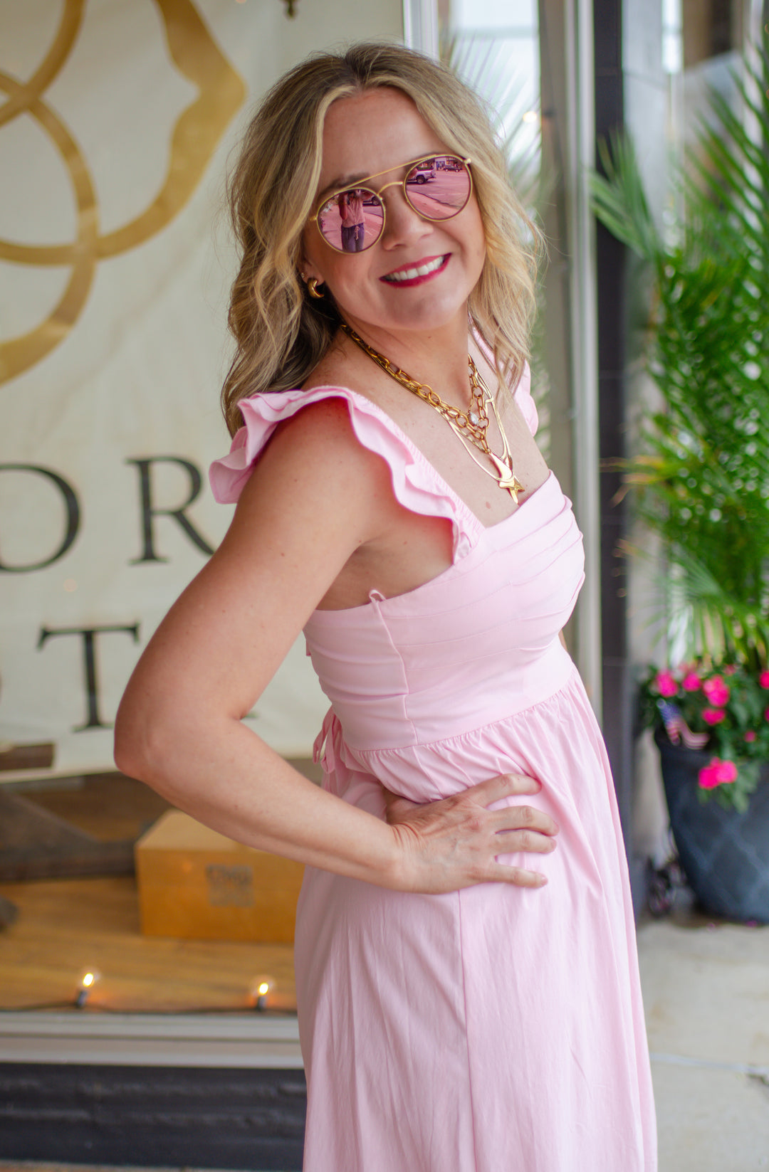 Whimsical Beauty Ruffled Shoulder Empire Waist Maxi Dress in Pink
