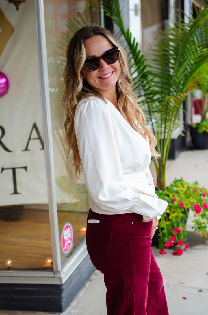 Run To You Long Sleeve Surplice Top with Gold Button Detail in Cream