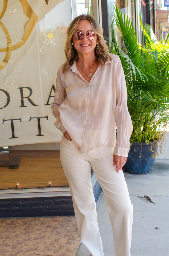 Shimmering Nights Metallic Button Down Long Sleeve Top in Champagne