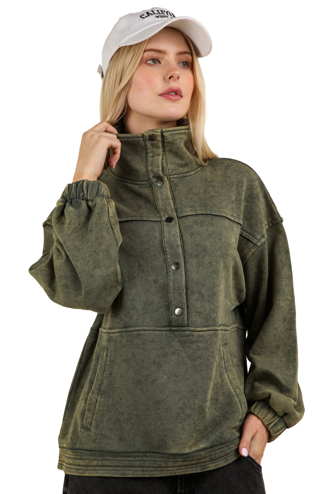 Take It Easy Mineral Washed Button Down Henley Sweatshirt Top in Olive