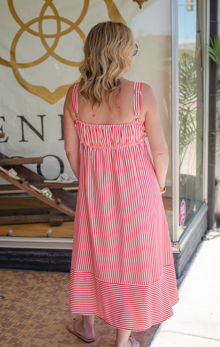 One True Love Pinstripe Button Down Dress in Red