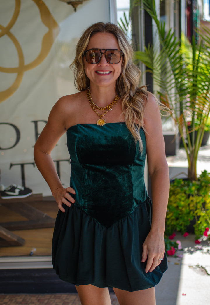 Take Me Out Velvet Strapless Bubble Hem Dress in Emerald