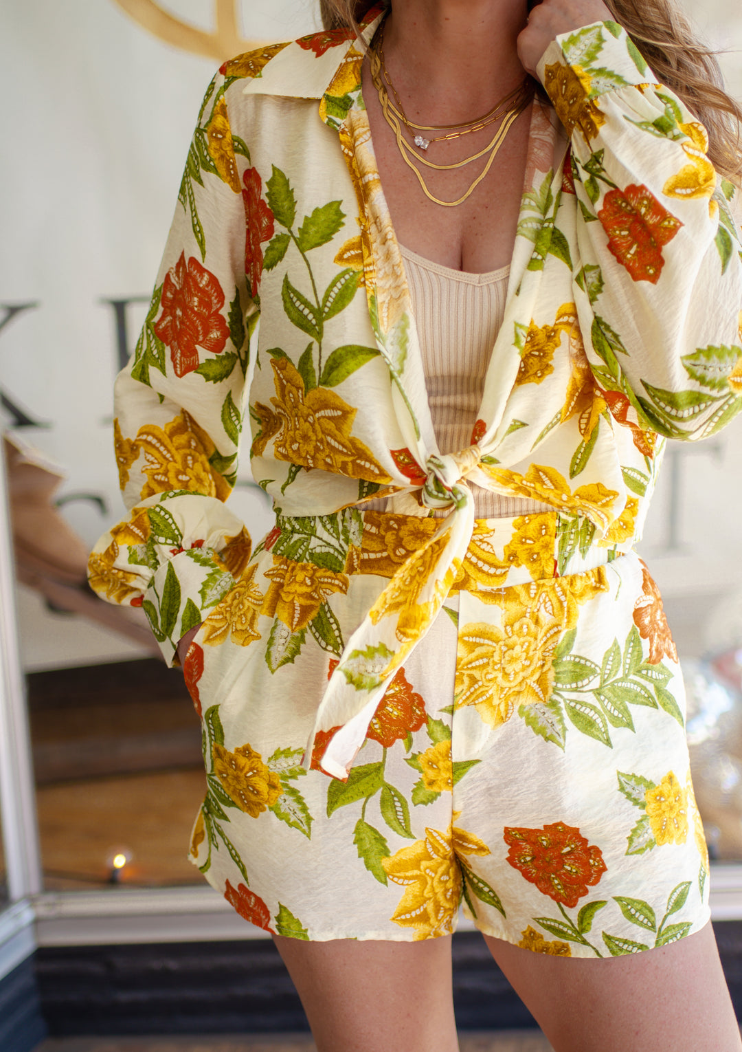 Bougainvillea Beauty Tie Front Long Sleeve Top in Yellow