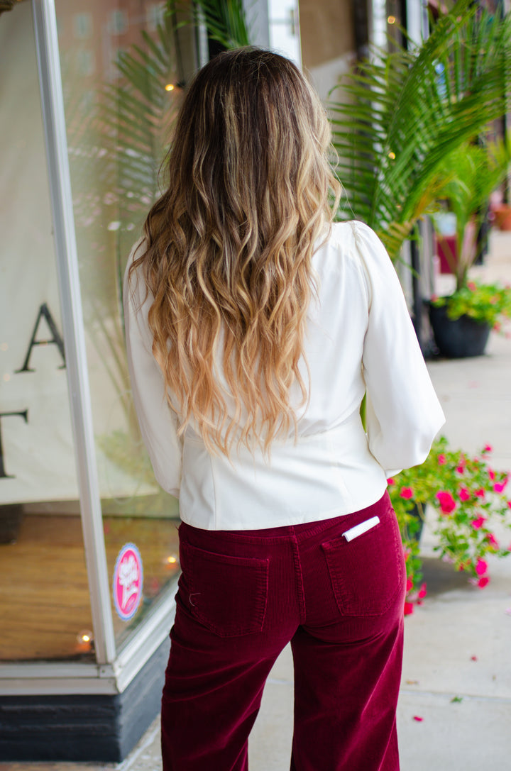 Run To You Long Sleeve Surplice Top with Gold Button Detail in Cream