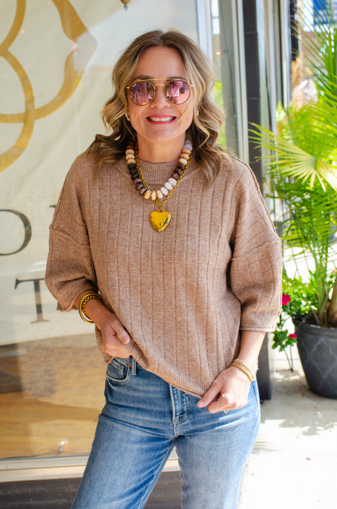 Perfect Fall Short Sleeve Textured Sweater Top in Mocha