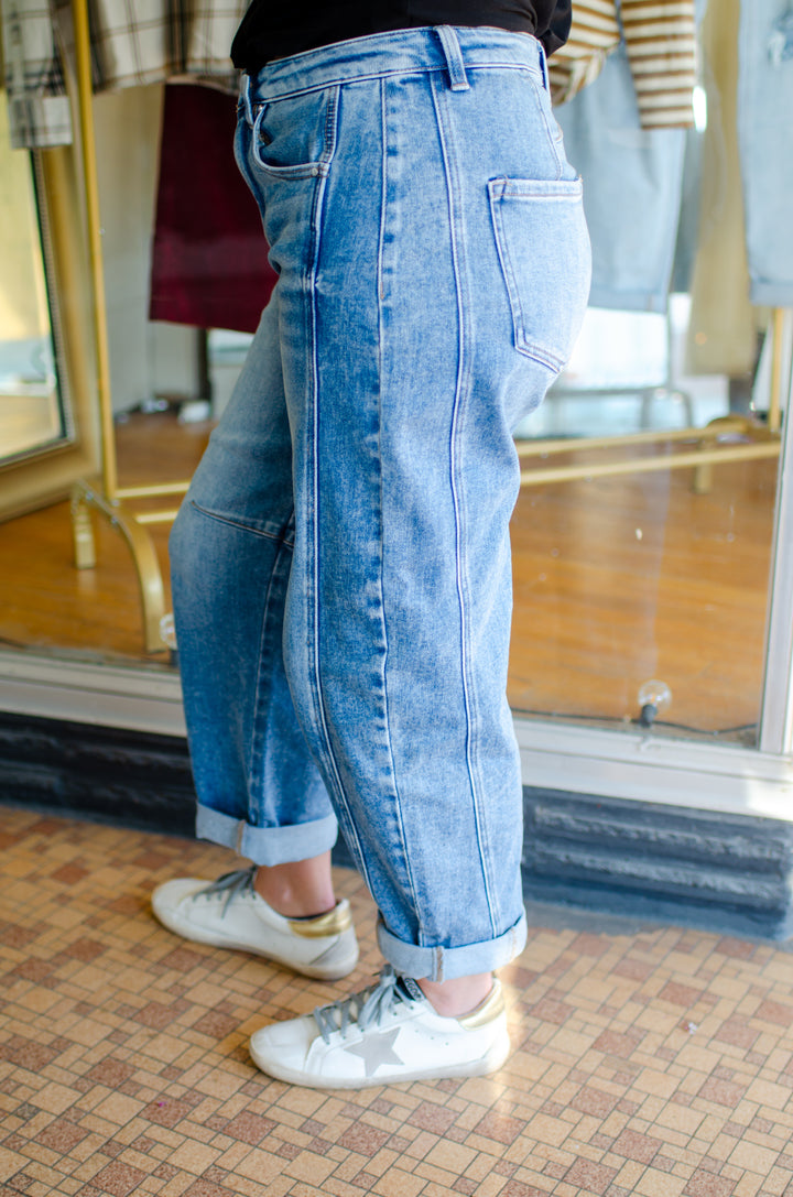 Risen High Rise Boyfriend Cuffed Barrel Jeans in Medium Wash