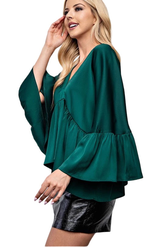 Heartbreaker Bell Sleeve Satin Top in Hunter Green