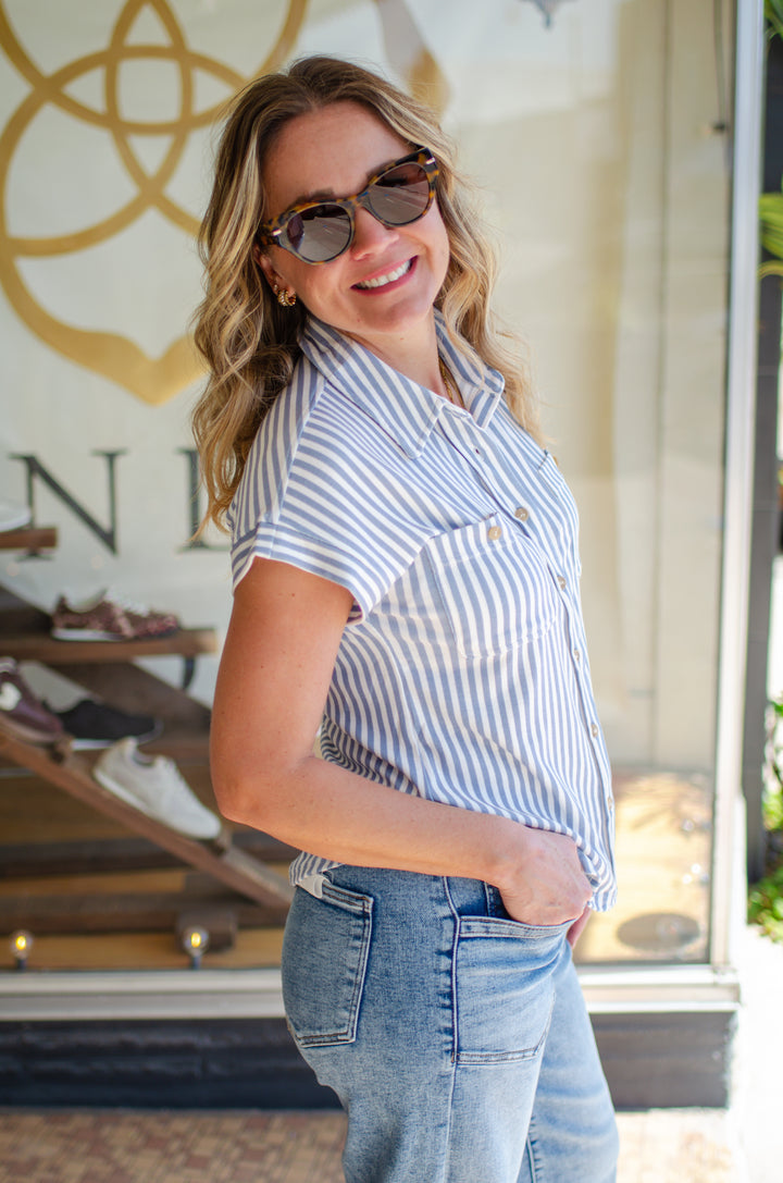 Perfect Stripe Button Down Soft Knit Top in Blue