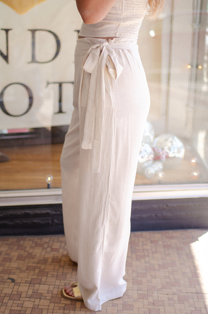 Tie The Knot High Waist Linen Side Tie Linen Pants in Oatmeal