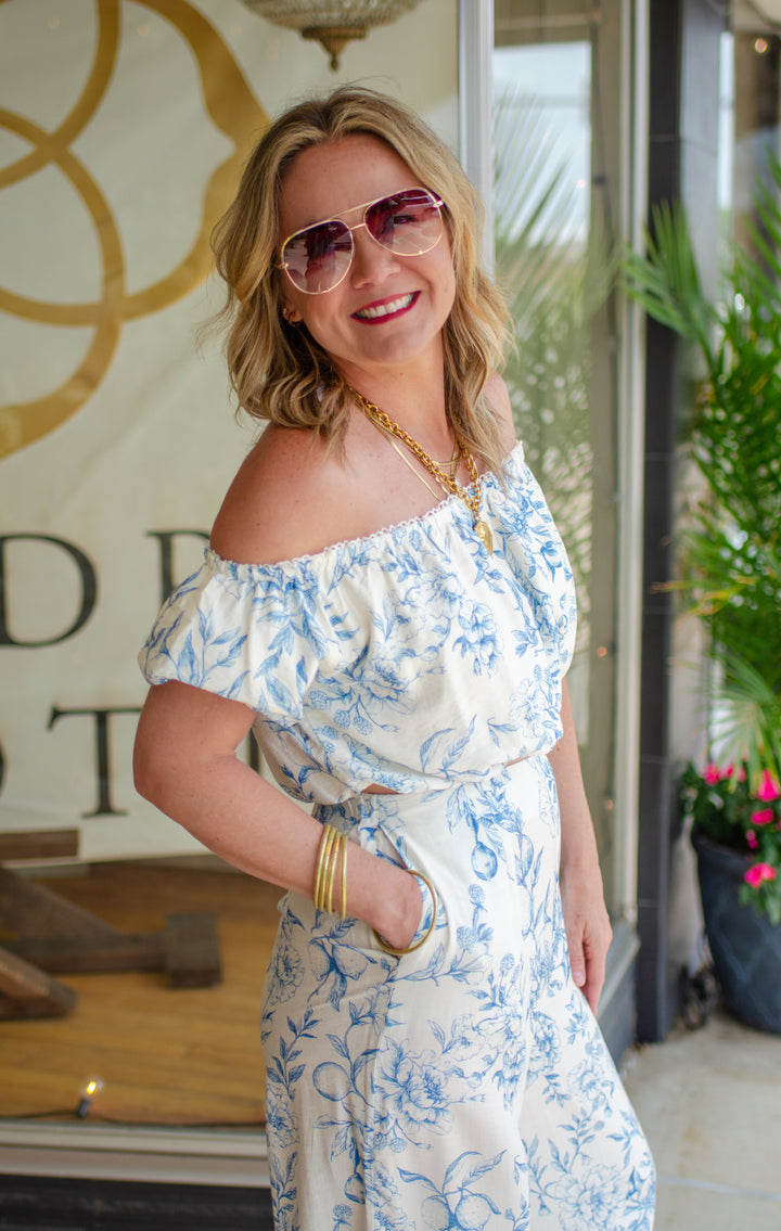Capri Sunset Blue Toile Floral Off The Shoulder Top