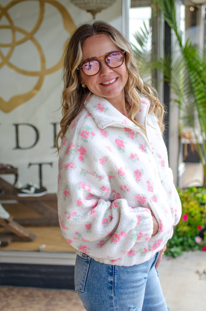 Pretty Pink Floral Sherpa Zip Up Jacket