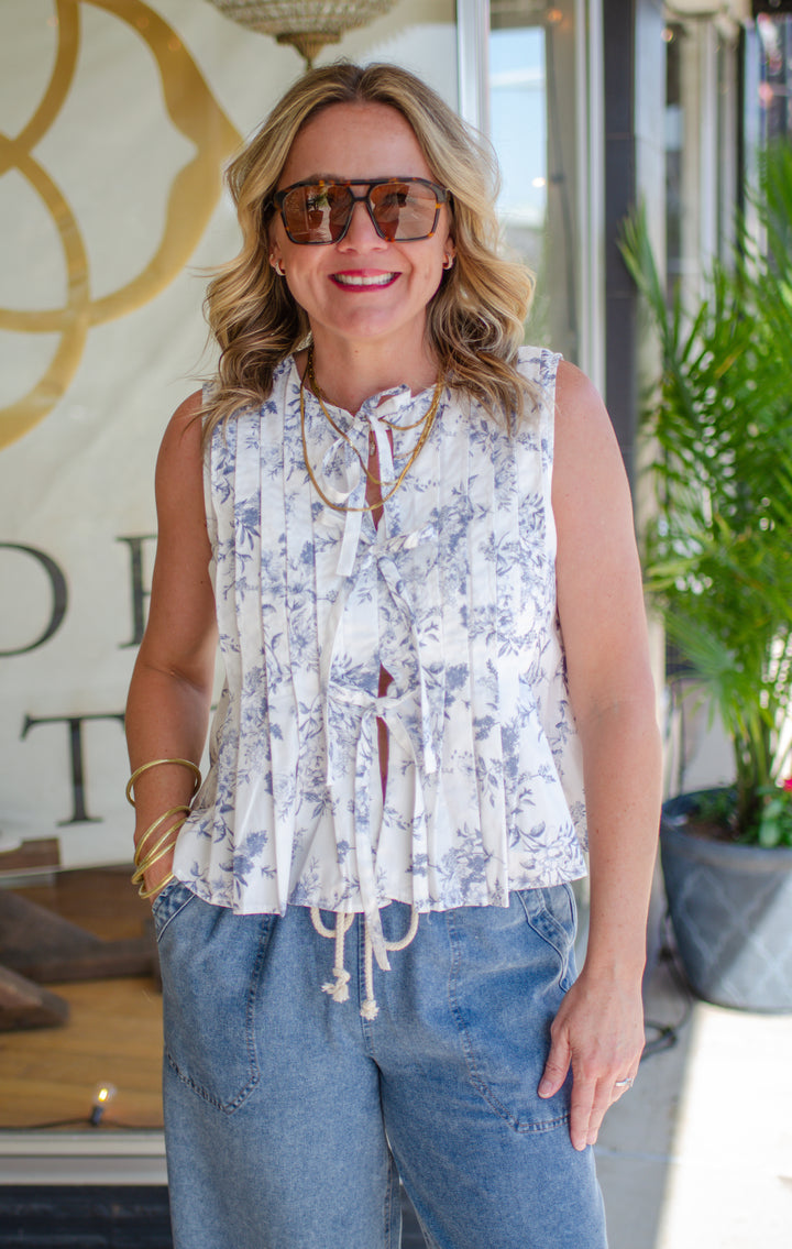 Sunday Brunch Toile Bow Front sleeveless Top in Blue