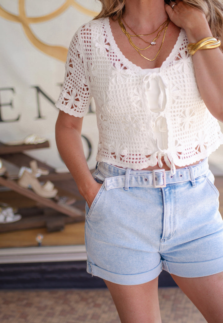 Choose Joy Macrame Tie Front Top in White