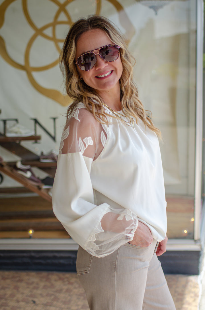 Romantic Night Floral Sheer Sleeve Round Neck Blouse in Cream