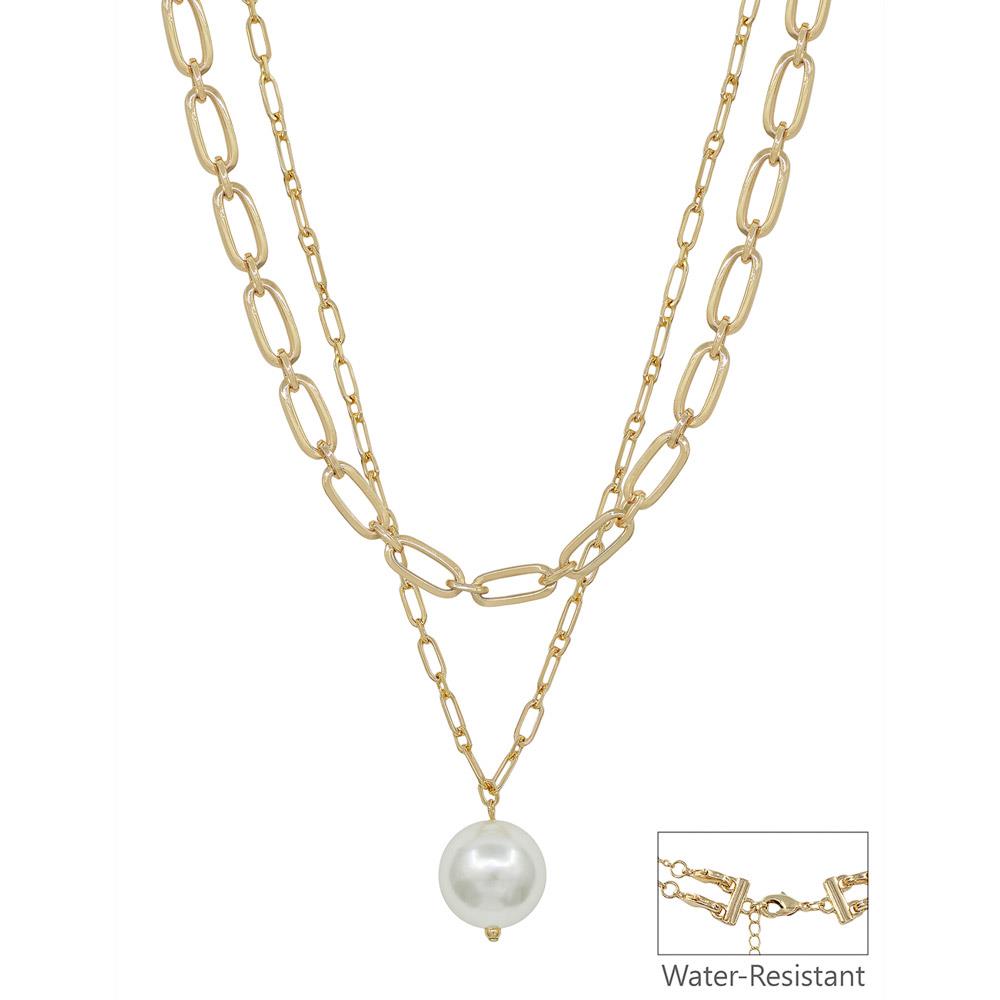Gold Water Resistant Double Chain 20MM Pearl Drop Necklace