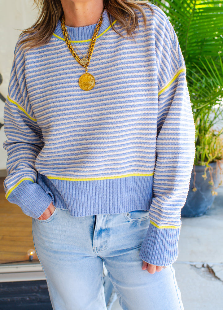 Get Cozy Soft Ribbed Knit Round Neck Color Block Sweater in Light Blue