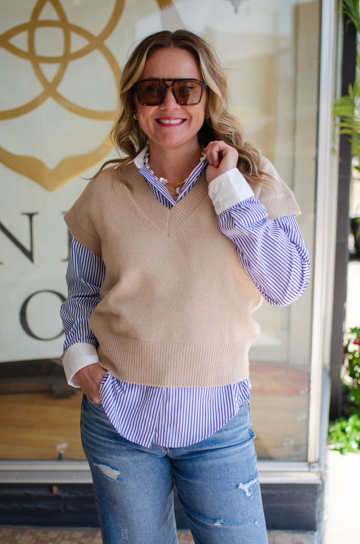 Make My Day Stripe Button Down Collared Top in Light Blue