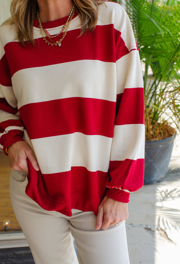Be Bold Red & Cream Stripe Oversized Crewneck Long Sleeve Top