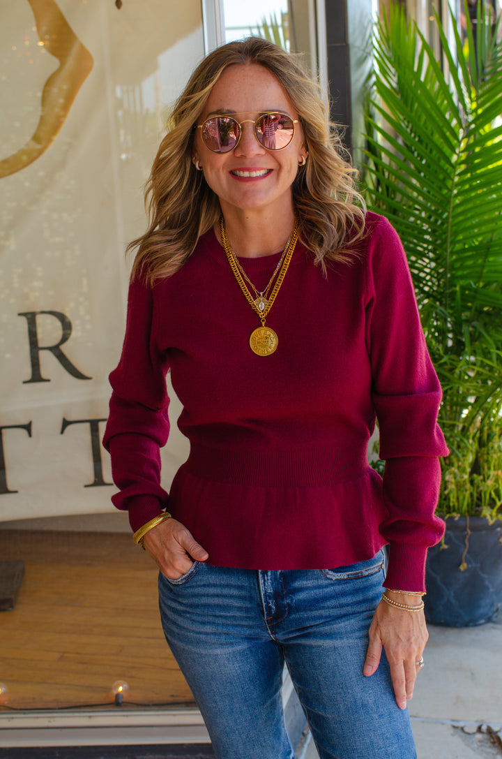 Hold Me Close Fitted Peplum Sweater in Wine