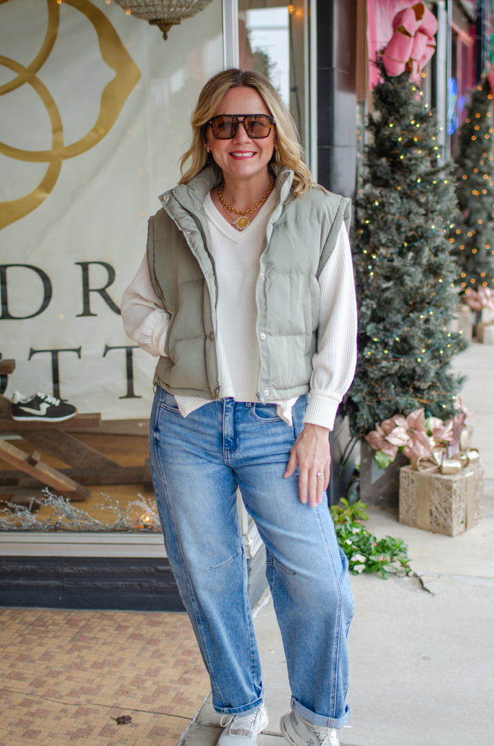 Classic Statement Puffer Vest in Sage