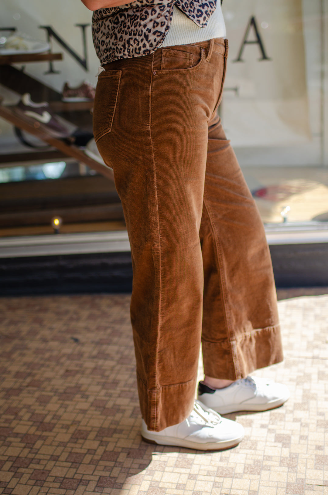 Risen High Rise Crop Wide Corduroy Pants in Camel