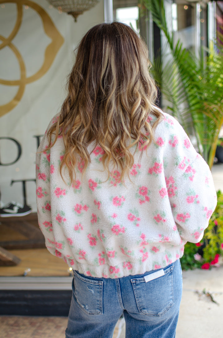 Pretty Pink Floral Sherpa Zip Up Jacket