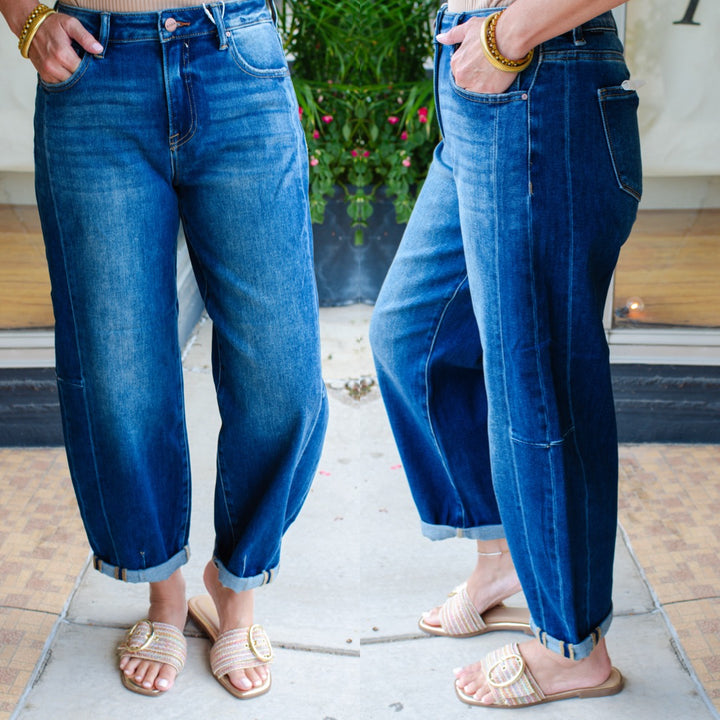 Risen High Rise Barrel Jeans in Dark Wash