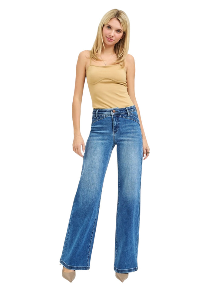 Risen High Rise Wide Leg Waist Detail Jeans in Dark Wash