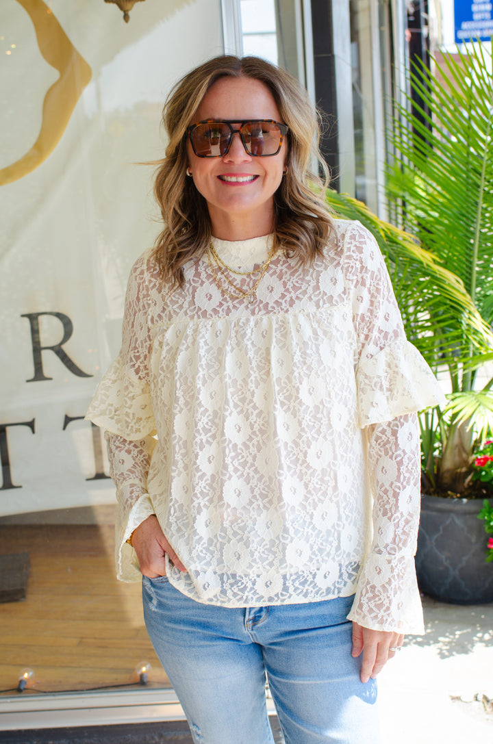 Bell of The Ball Lace Floral Ruffle Sleeve Blouse in Cream