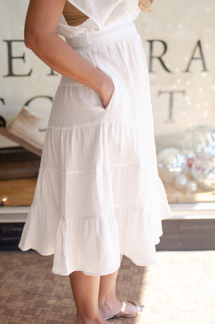 Beach Dreamer Gauze Tiered Midi Skirt in White