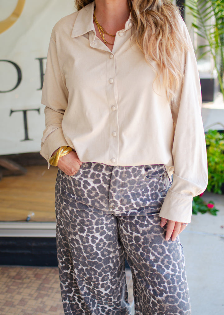 Chic Date Night Suede Like Button Down Top in Cream