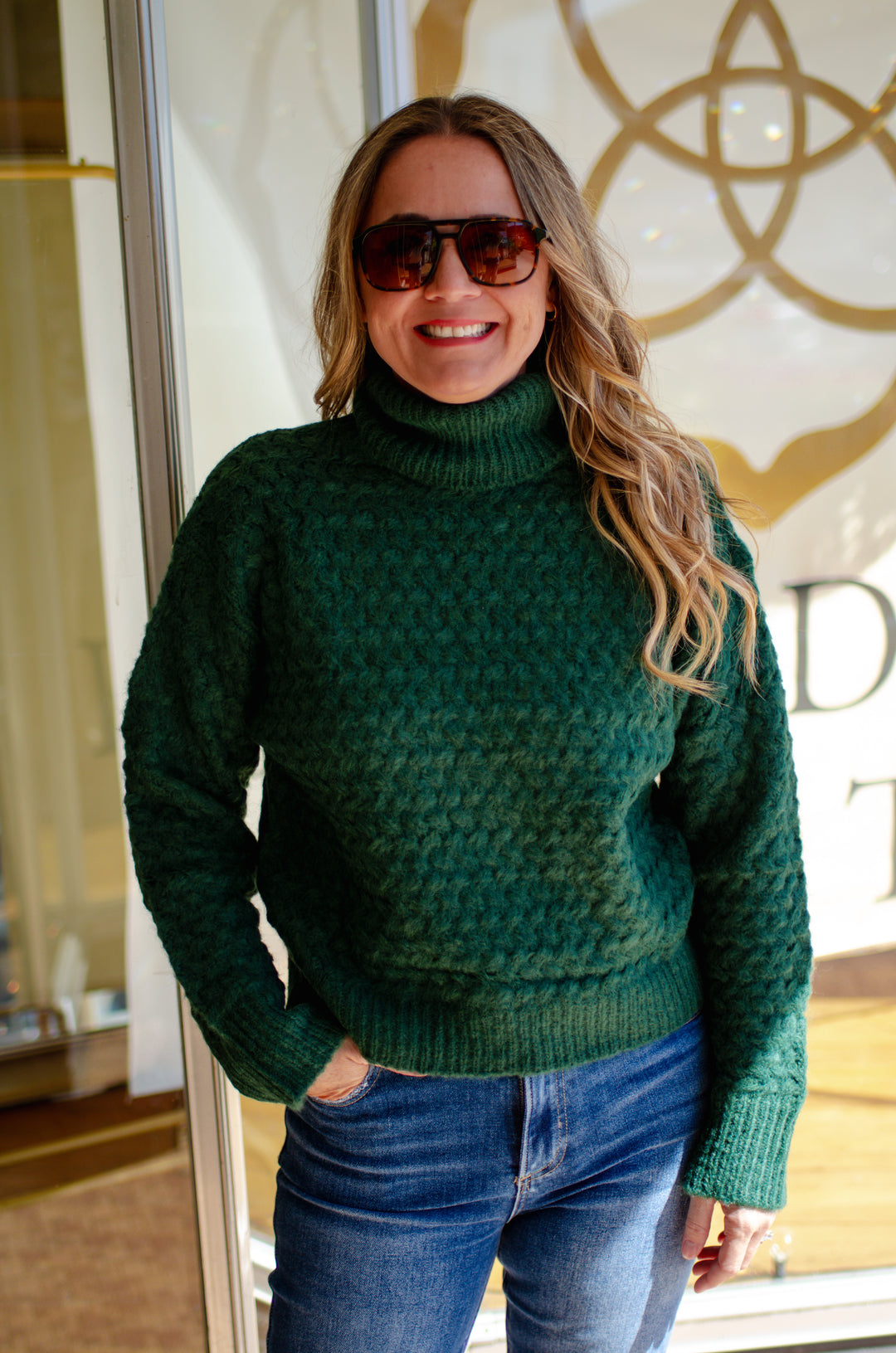 See It Through Knit Turtleneck Sweater in Forest Green