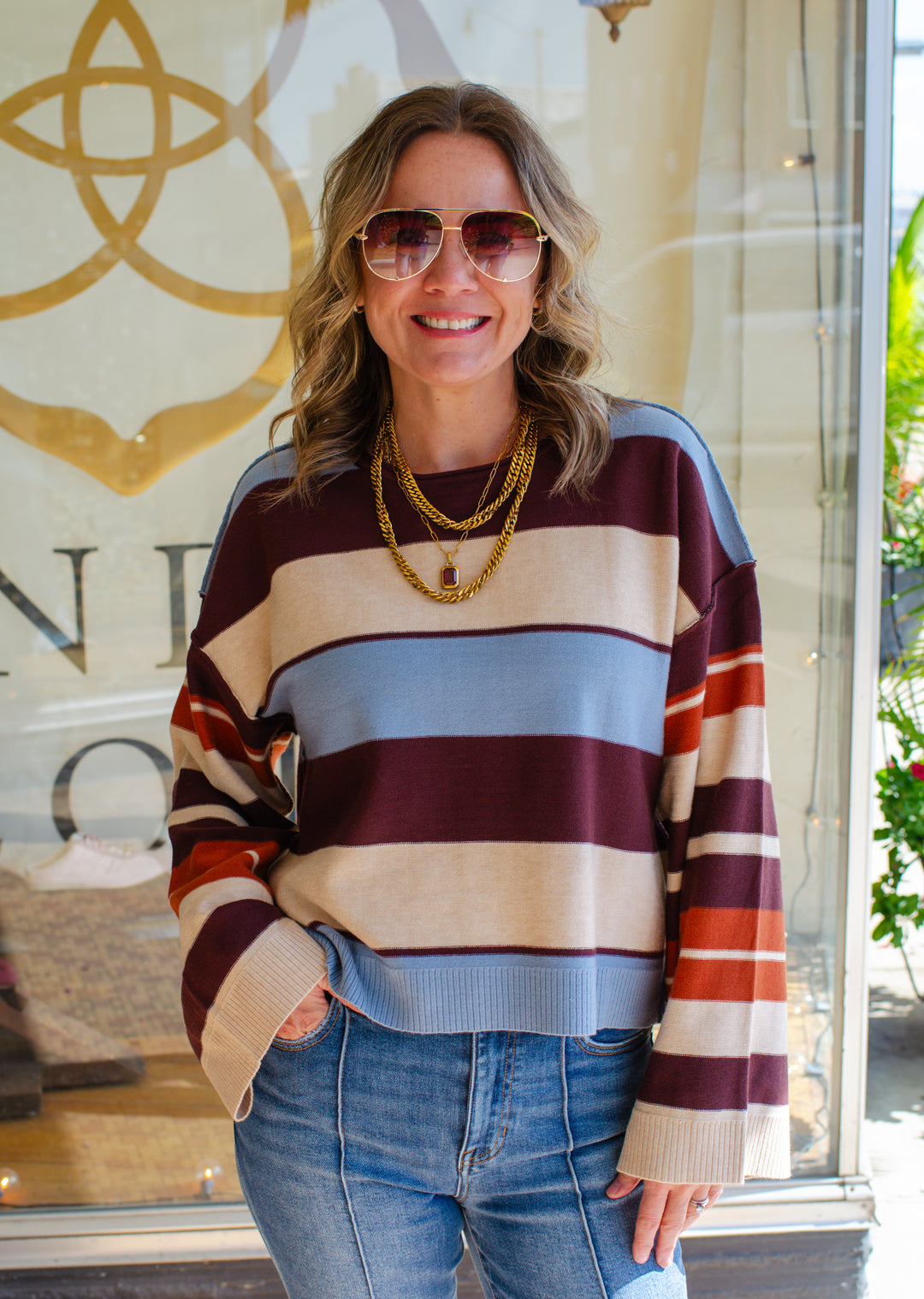 Living On A Prayer Fall Stripe Bell Sleeve Top