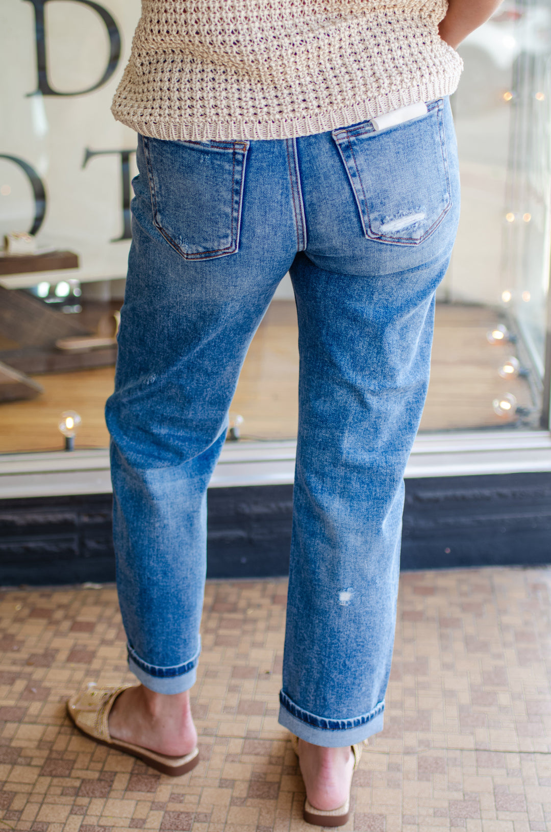 Risen High Rise Ankle Boyfriend Distressed Jeans in Medium