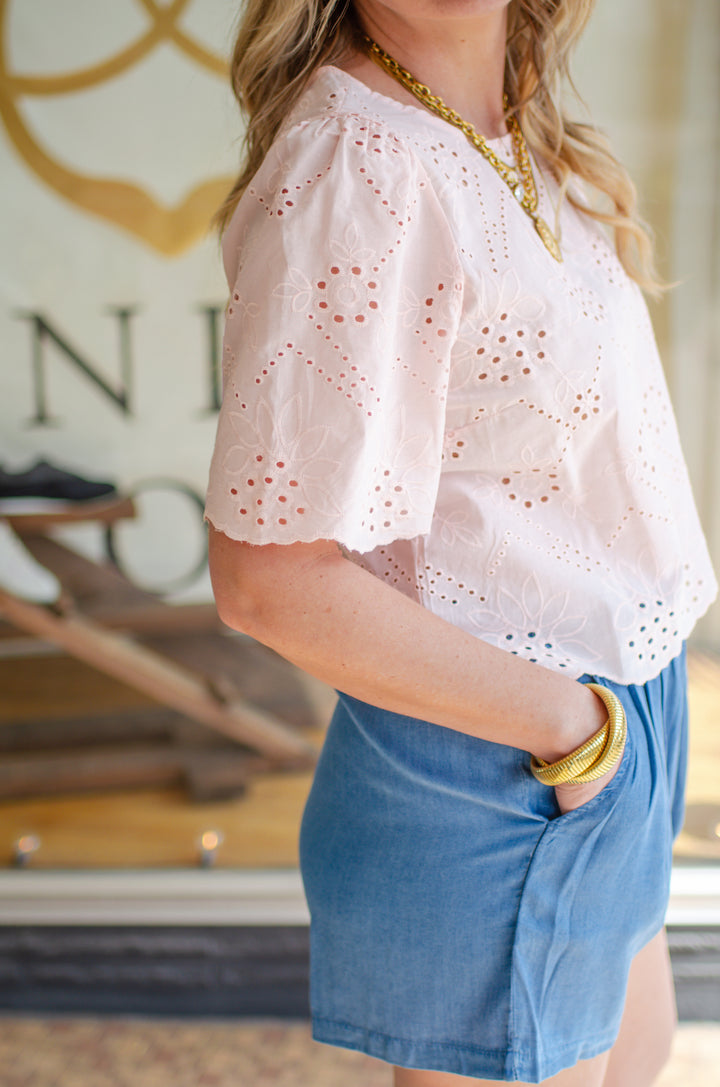 Charmed Eyelet Short Sleeve Top in Blush