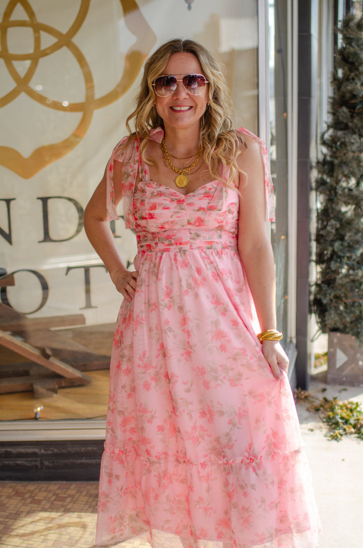 Stunning Moment Pink Floral Tull Tie Shoulder Midi Dress