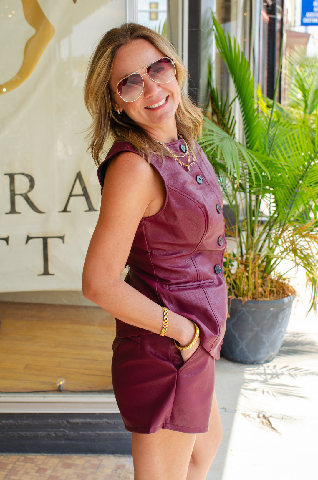 City Strut Faux Leather High Rise Shorts in Burgundy
