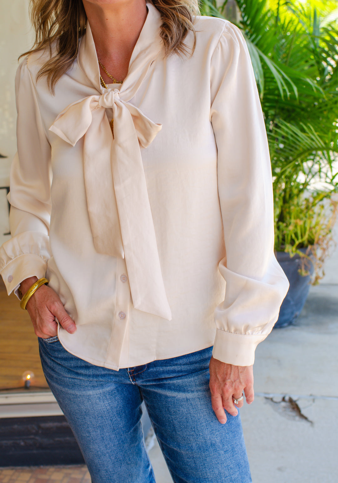 Your My Beau Tie Front Silky Long Sleeve Top in Champagne