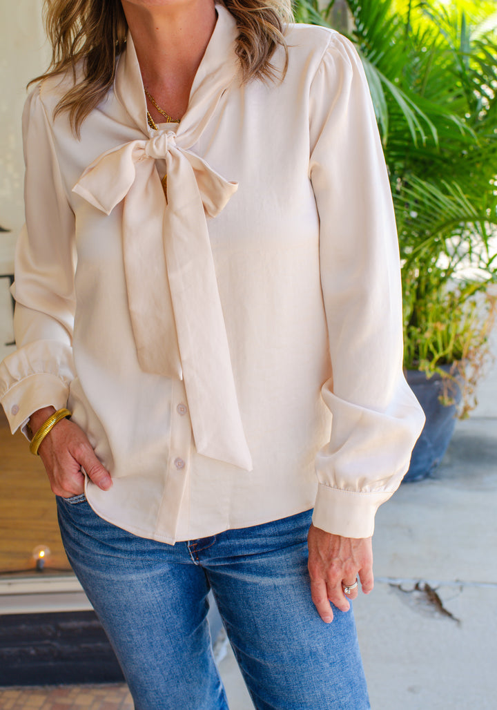 Your My Beau Tie Front Silky Long Sleeve Top in Champagne