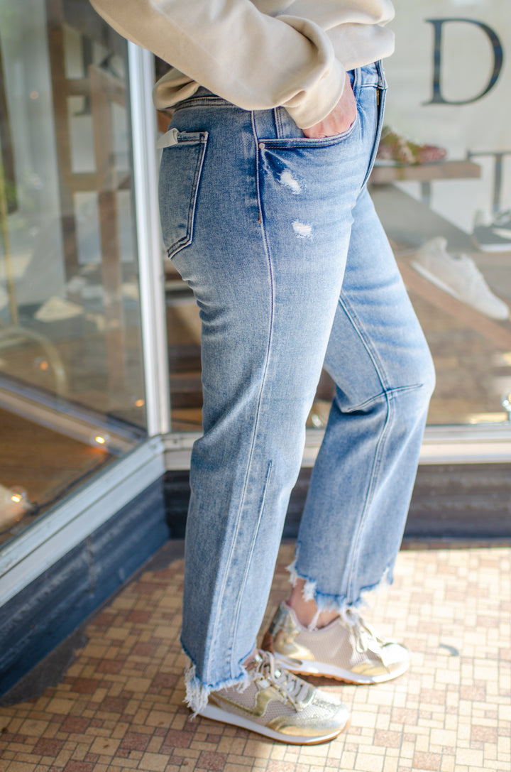Risen High Rise Crop Straight Distressed hem jeans in medium wash