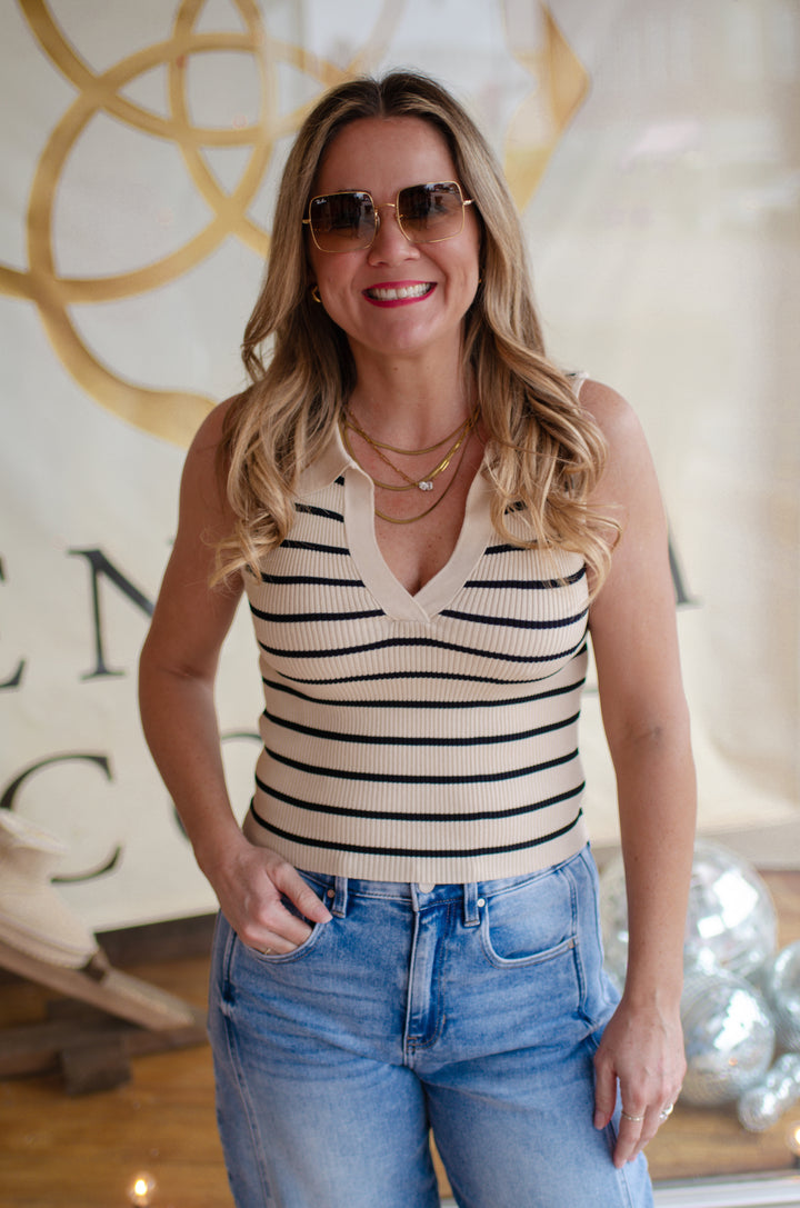 Last Chance Stripe Fitted Collared Tank in Beige