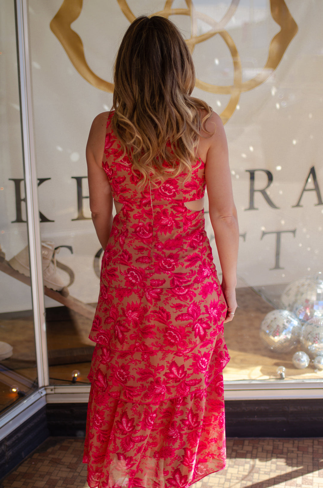 Whirlwind Romance Coral Pink Paisley Side Cut Midi Dress