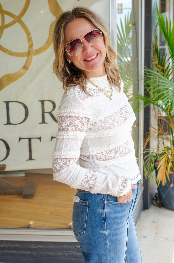 Whimsical Lace Fitted Stretch Mock Neck Top in Ivory