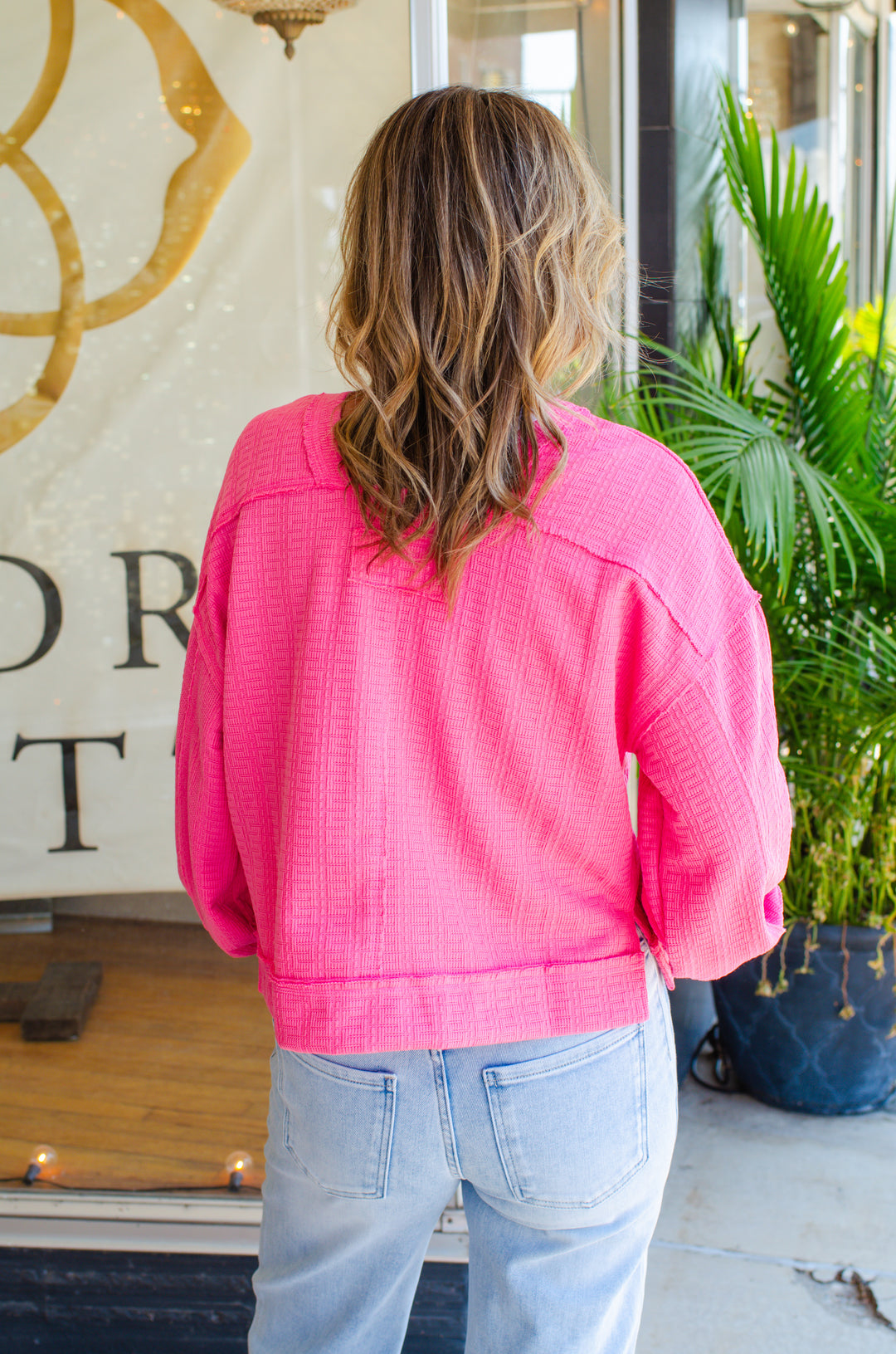 Breathless Modern Textured Boxy Long Sleeve Top in Pink