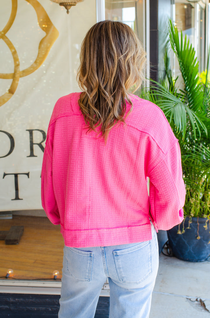 Breathless Modern Textured Boxy Long Sleeve Top in Pink