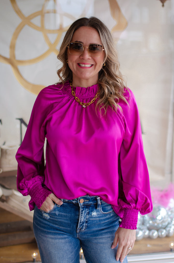 Date Night Ruffled High Neck Silky Blouse in Magenta