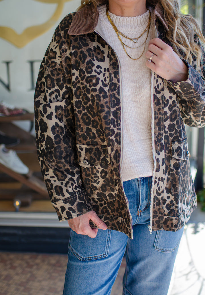 Be The Moment Leopard Printed Washed Twill Barn Style Jacket