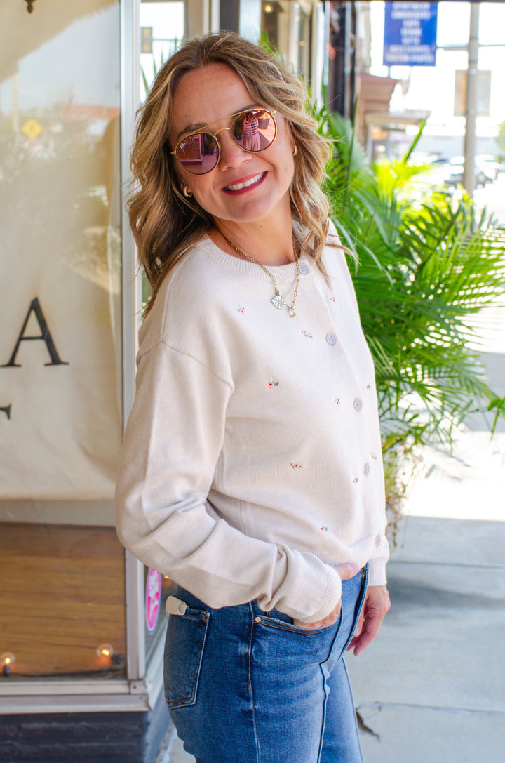 Sweet Symphony Floral Embroidered Cardigan in Cream